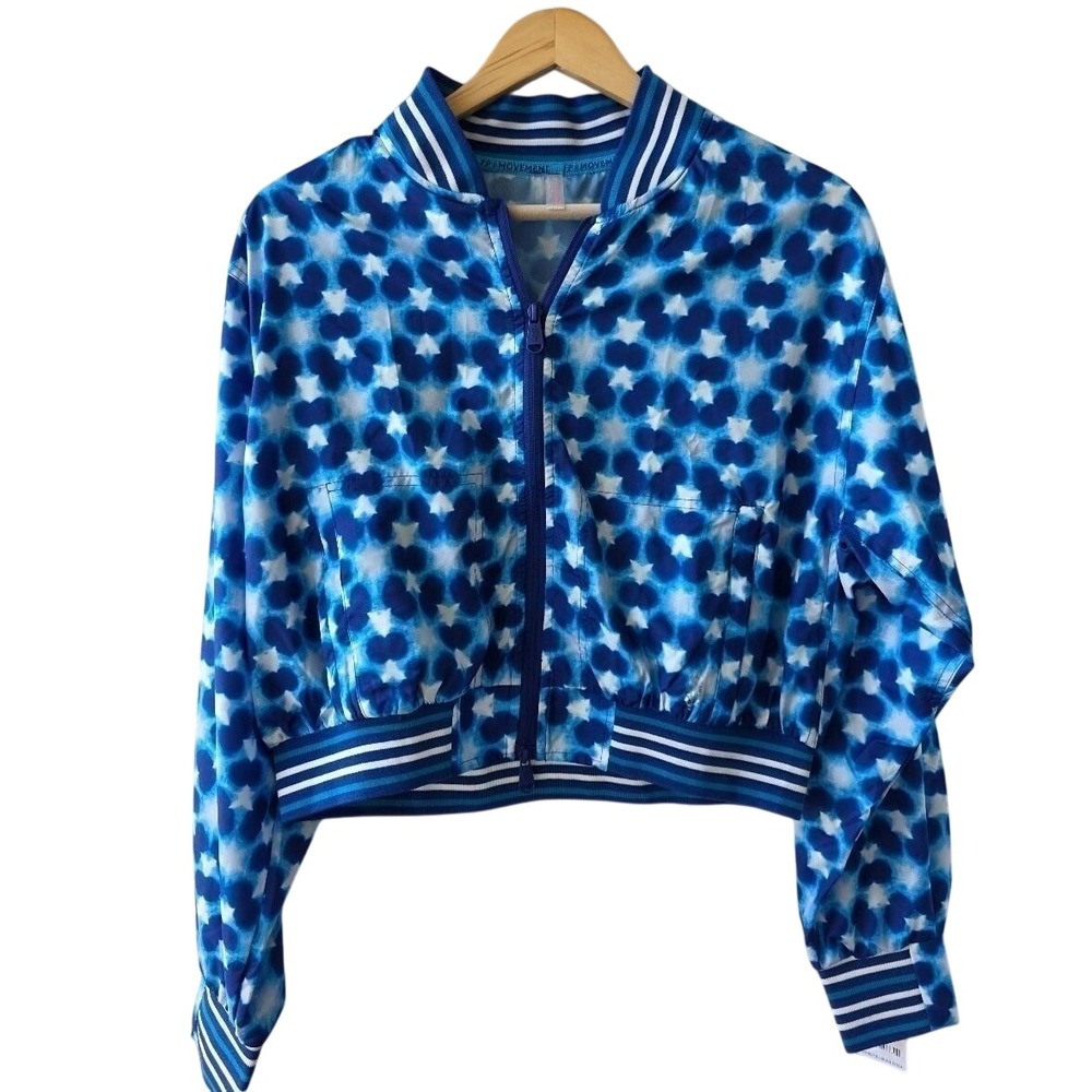 FP Movement Womens Tennis Jacket L Blue Floral Indigo Cropped Bomber Courtcore